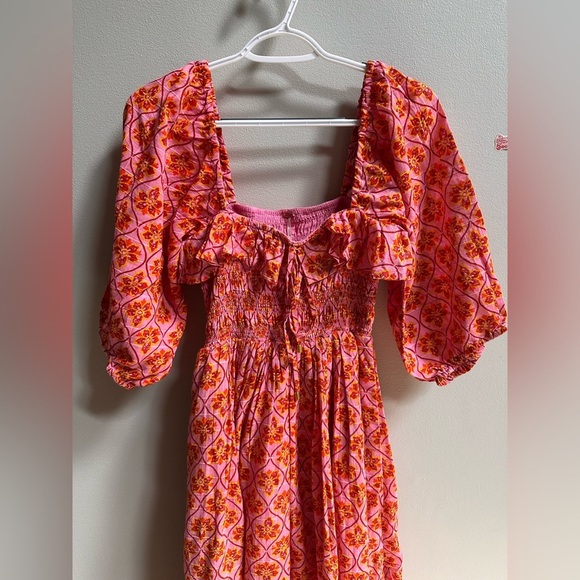 NEW Free People Oasis Printed Smocked Ethereal Midi Dress Pink/Rose Women’s XS - Picture 6 of 16